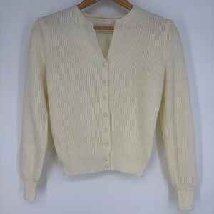 Vtg Dimensions Sweater Cardigan Petite PP Pearl Button Ivory Knit Angel Ethereal